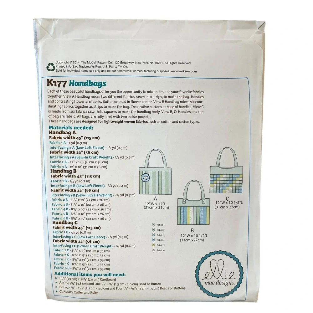 Ellie‎ Mae Designs K177 Pretty Pieced Purses Sewing Pattern UNCUT FF